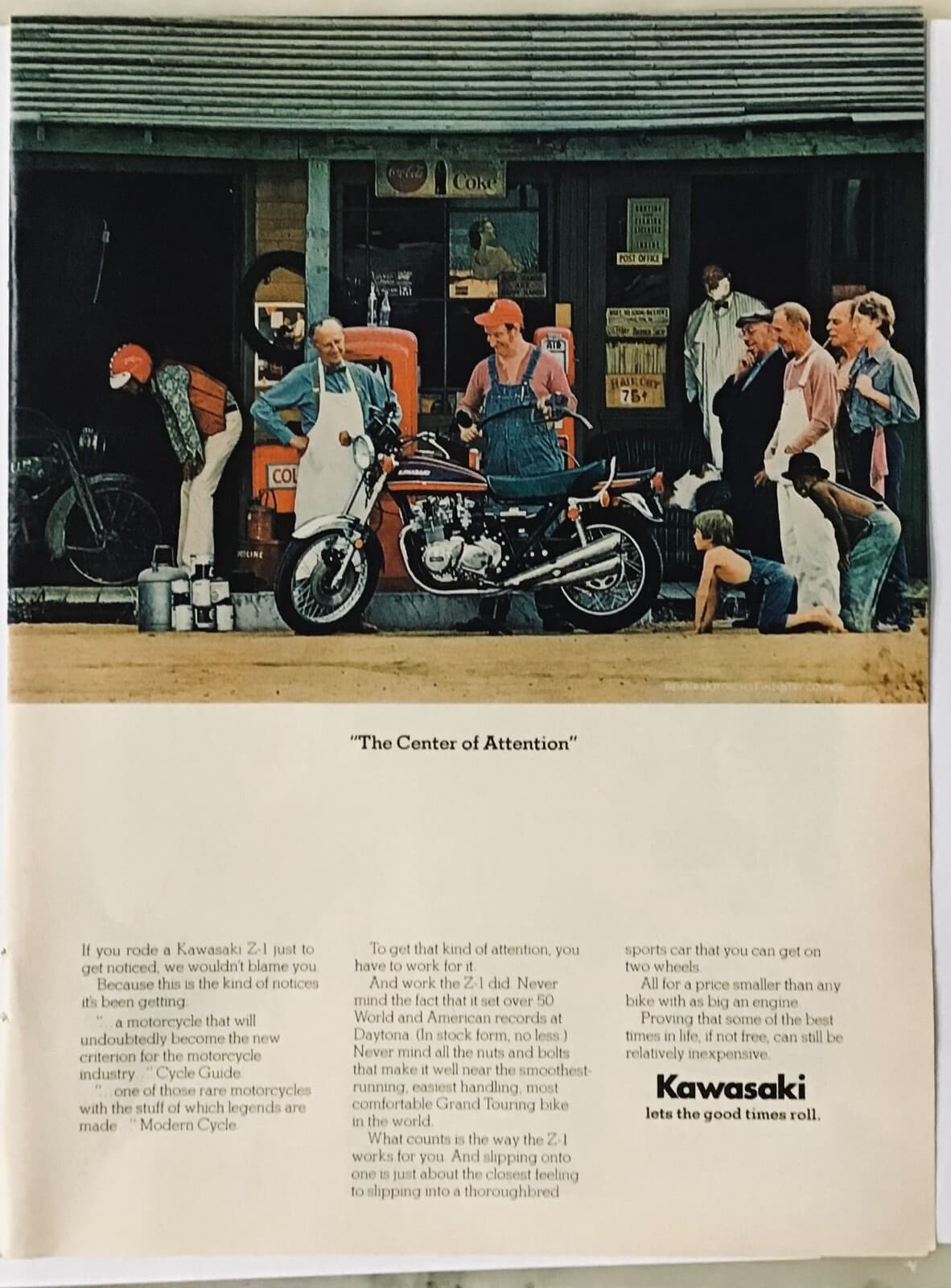 1974 magazine ad for Kawasaki Z-1 Motorcycle - admirers at country store