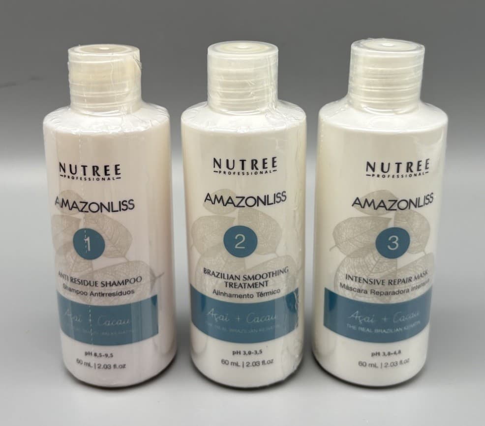 Nutree Amazonliss Keratin Hair Treatment Straightening 2.03 floz 3 Step Kit 3/25 5