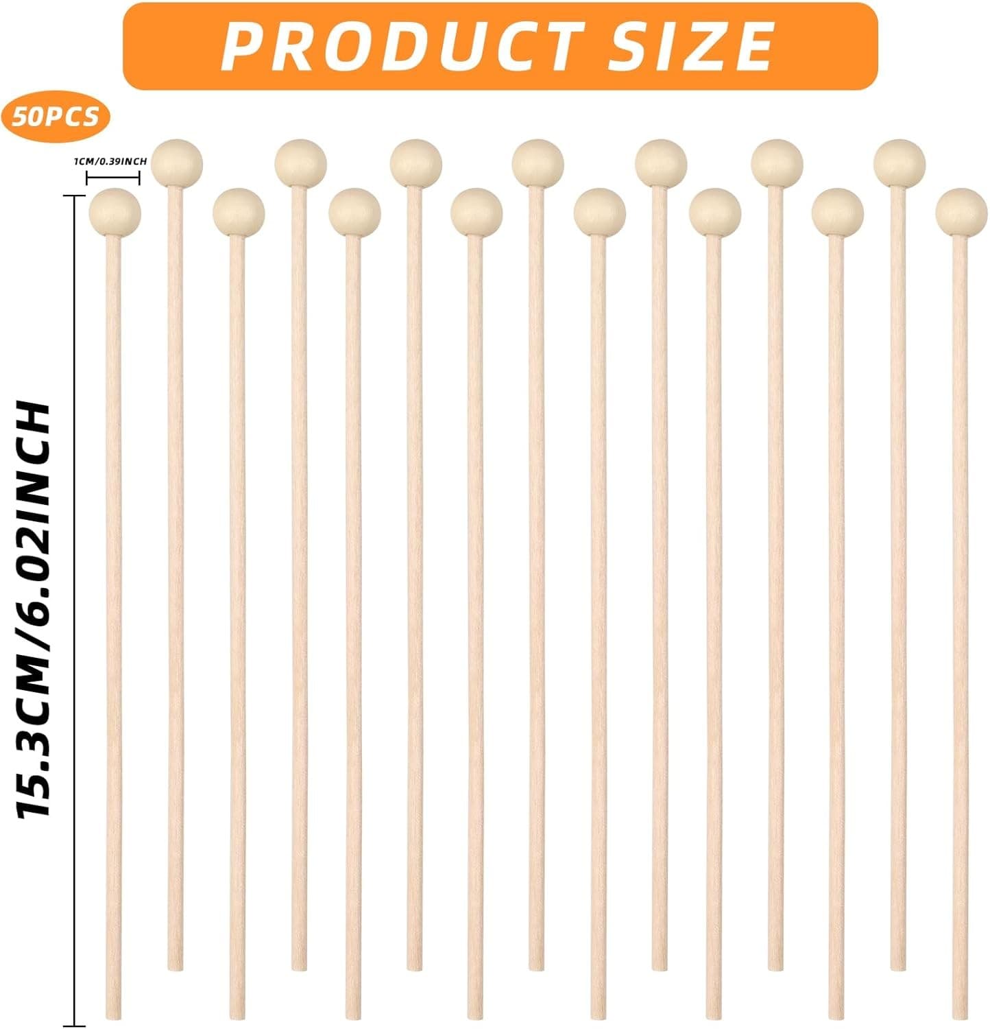 50 Pack Wooden Rock Candy Stick 6" Ball Head Cake Pop Coffee Drink Stirrer Stick 2