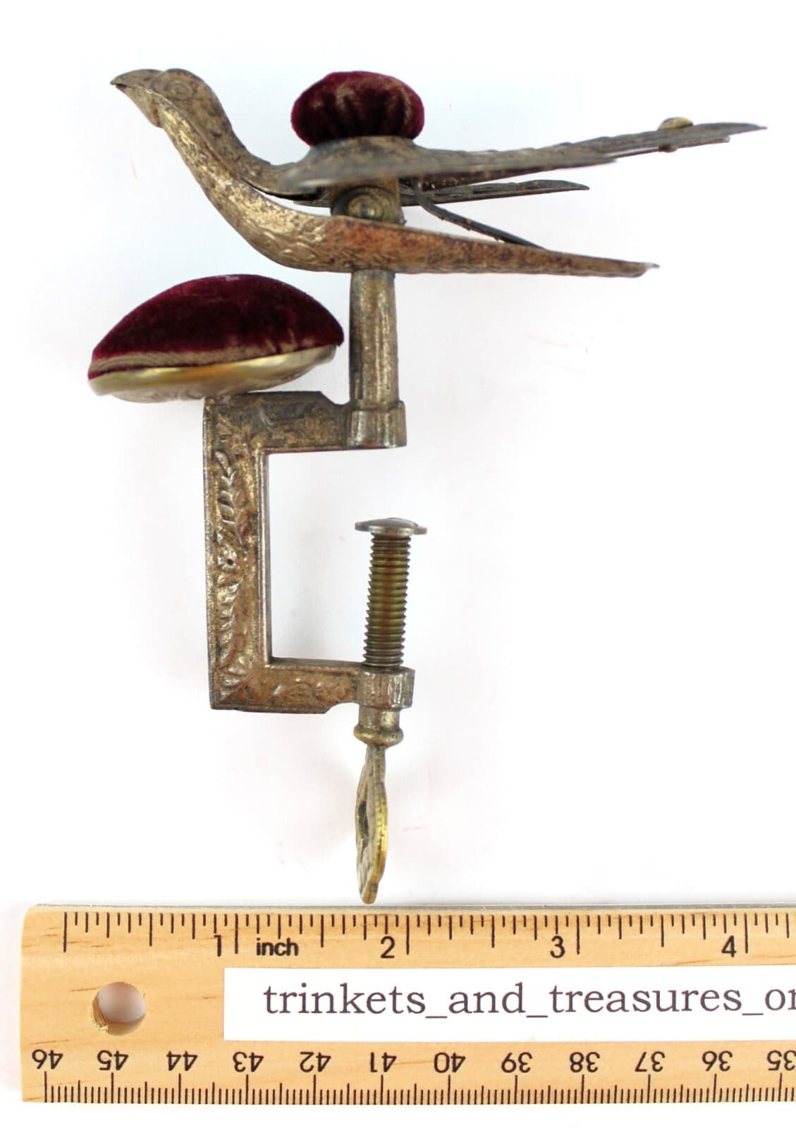 ANTIQUE EMBOSSED VICTORIAN BIRD DOUBLE PIN CUSHION WITH CLAMPS PAT. 1853 SEWING 2