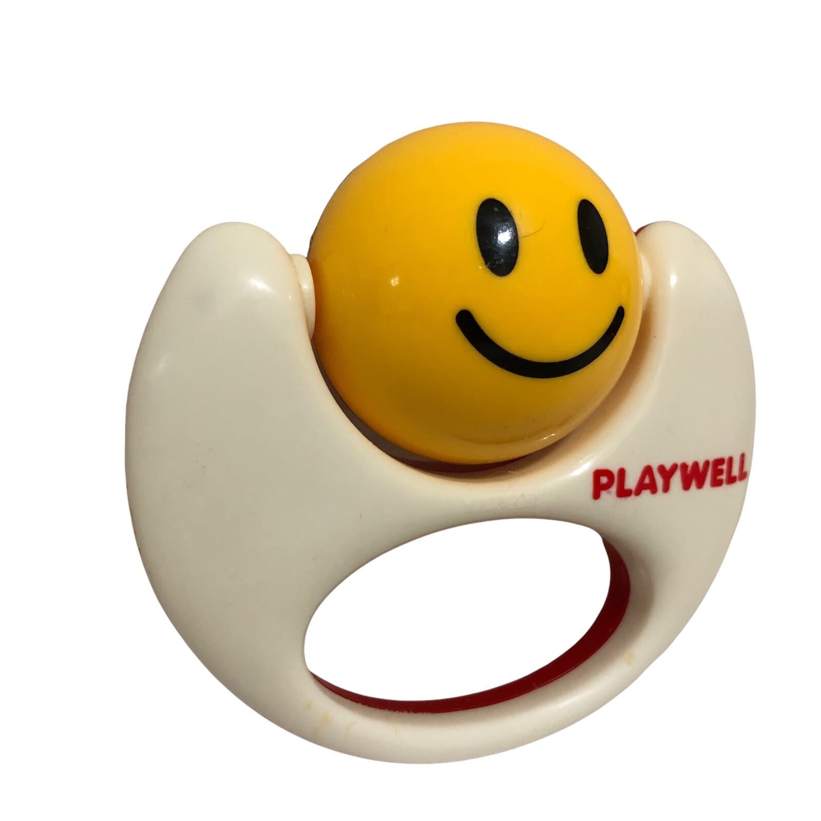 Vintage Playwell Smiley Face Smile Rattle Teether Yellow White Red Baby Rare 2