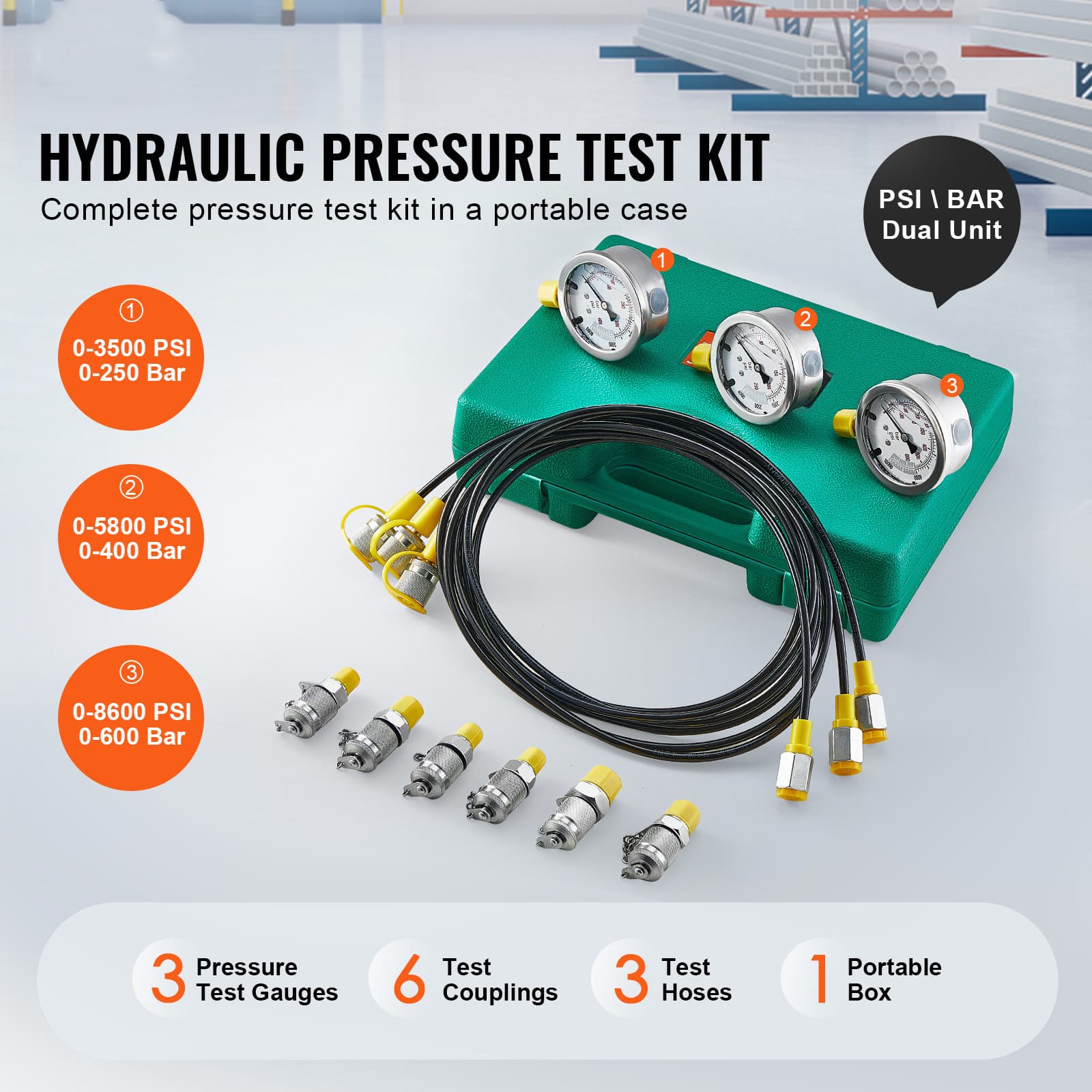 Hydraulic Pressure Test Kit 3 Gauges 6 Test Couplings 3 Test Hoses Case 2