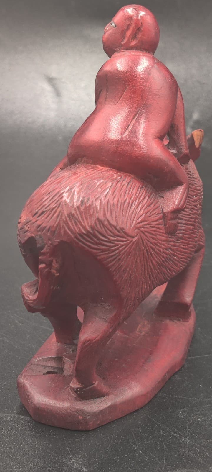 Vintage Creepy Eyes Hand Carved Wood Man Riding Water Buffalo Figurine  6