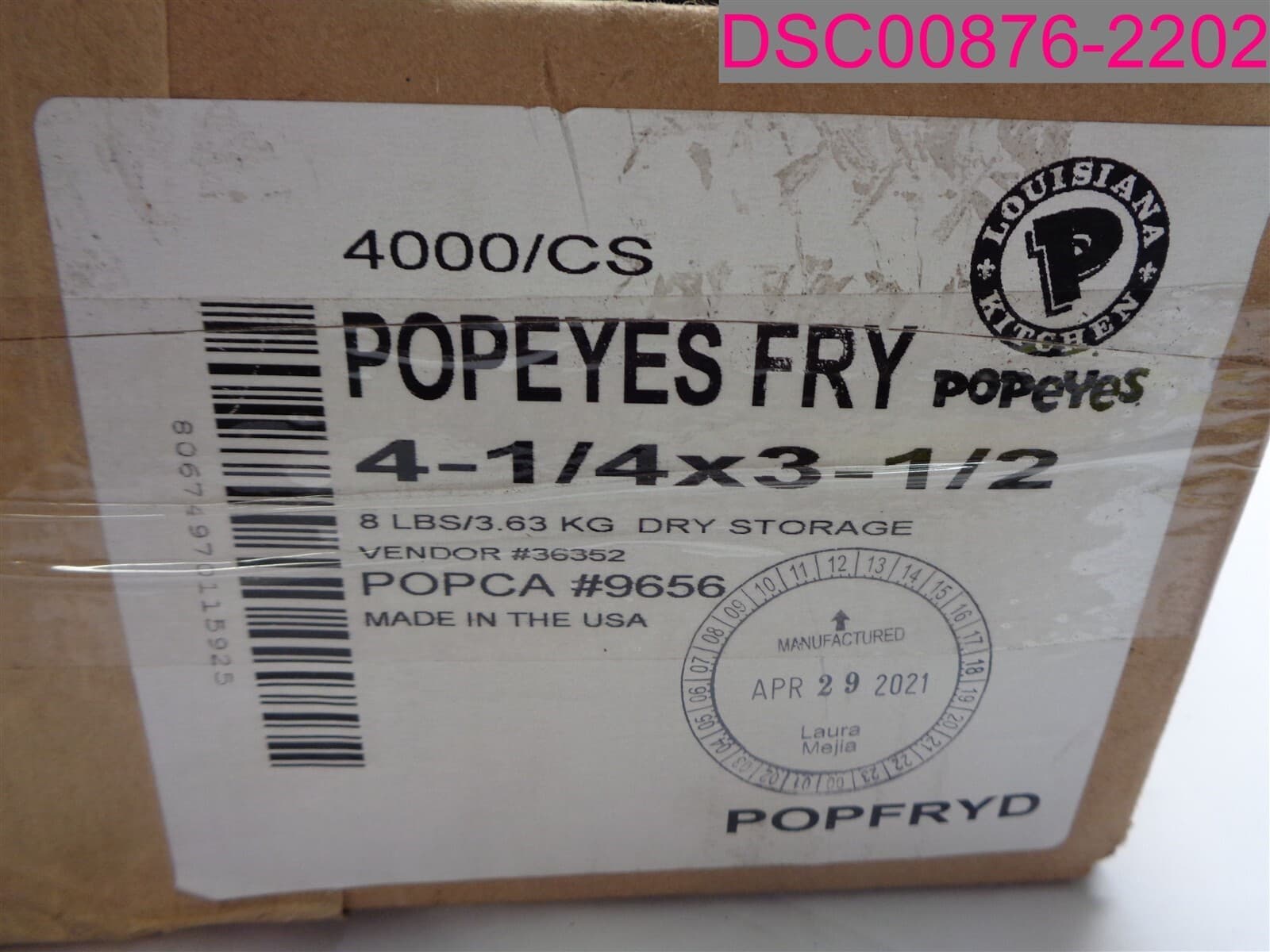 QTY=4000; Popeyes Fry Bags 4-1/4"x3-1/2" POPFRYD White 3