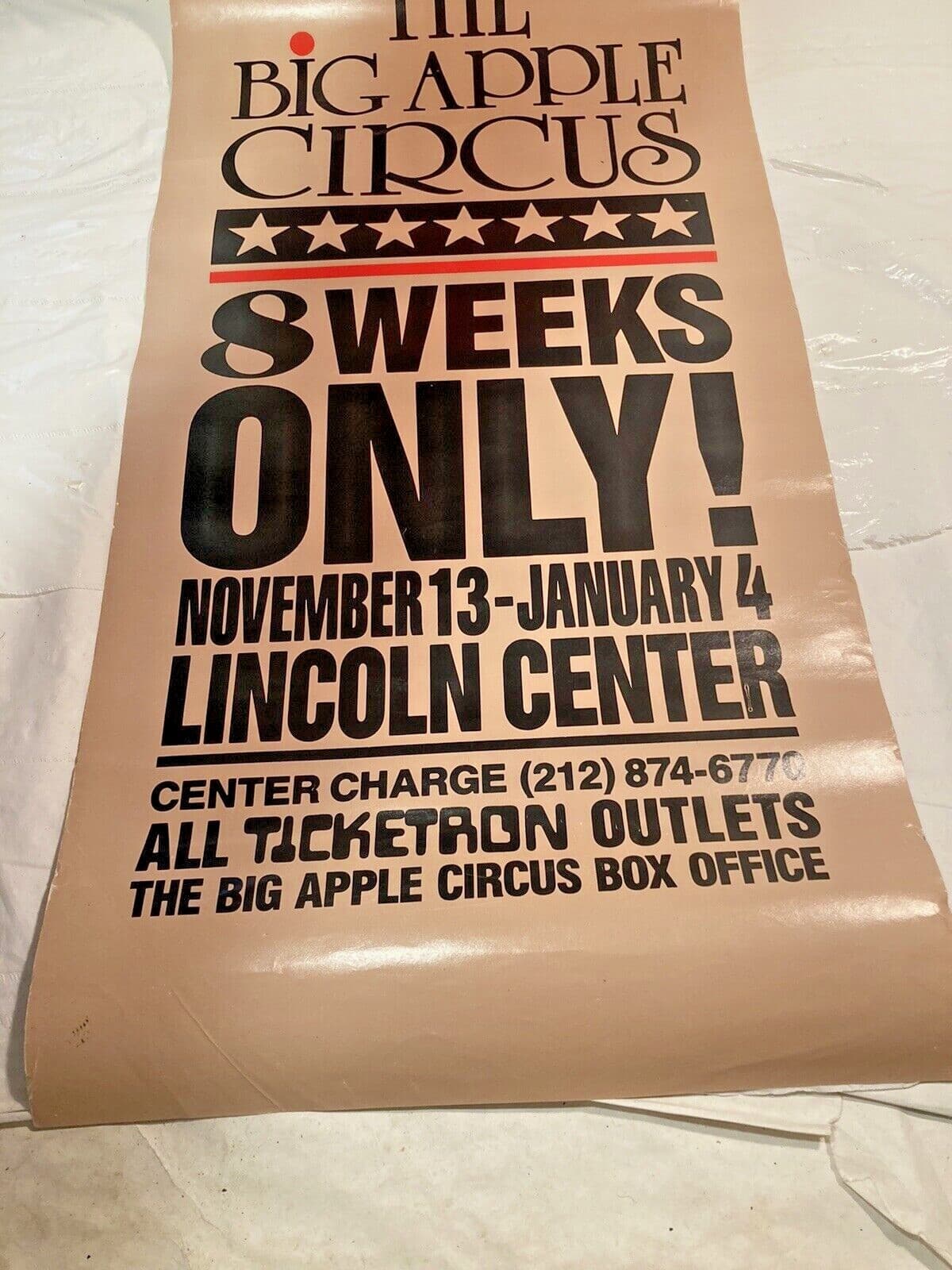 Vtg BIG APPLE CIRCUS Poster Lincoln Center Performing Arts NYC 11.75" by 39.75" 4