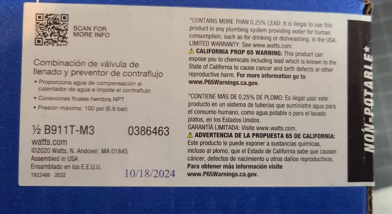 WATTS B911T-M3 Backflow Preventer and Fill Valve 1/2" Bronze EDP# 0386463 4