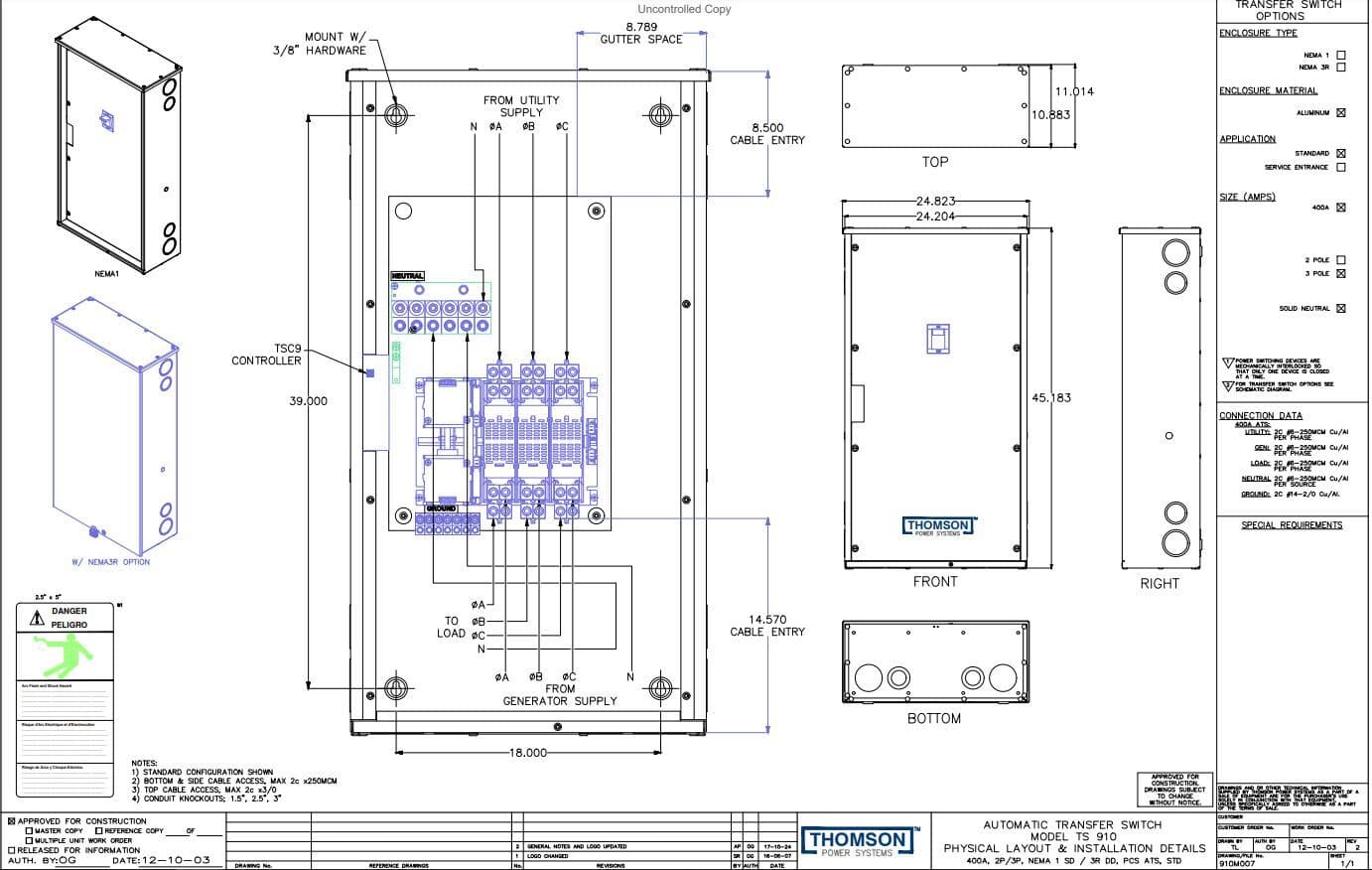 Thomson 400 Amp 3 Poles NEMA 3R Outdoor - Automatic Transfer Switch 208-240v 2