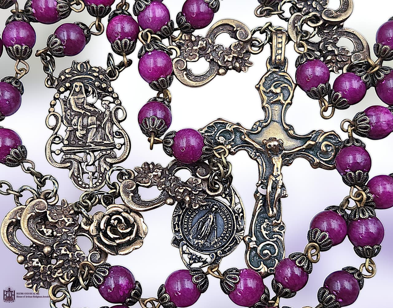 St Anne & Miraculous Mary Heirloom Rosary | Heritage Bronze| Magenta Jade 6