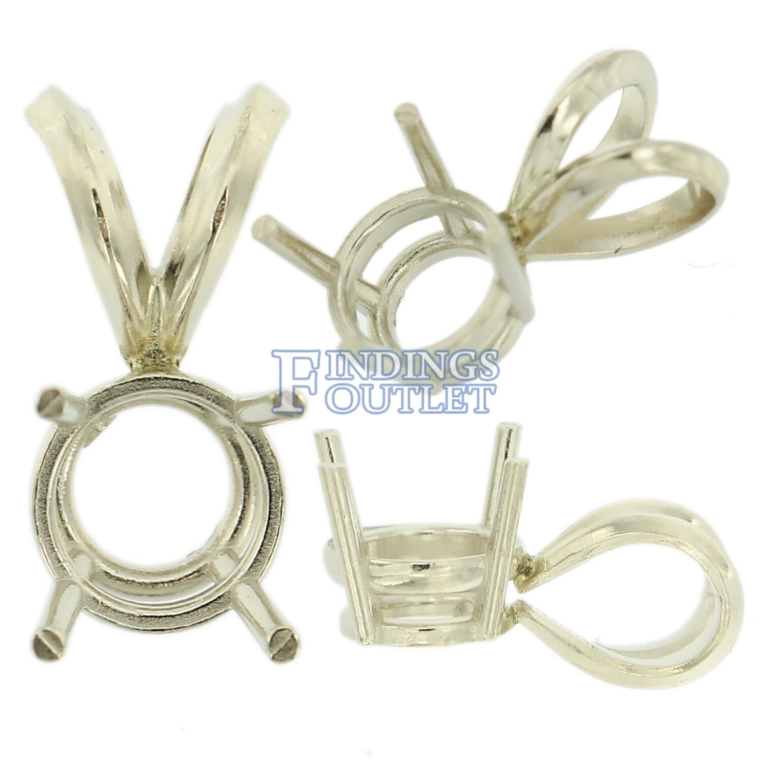 14K White Gold Round Pendant Setting Rabbit Ear Bail Mounting 0.05ct - 5.00ct 5