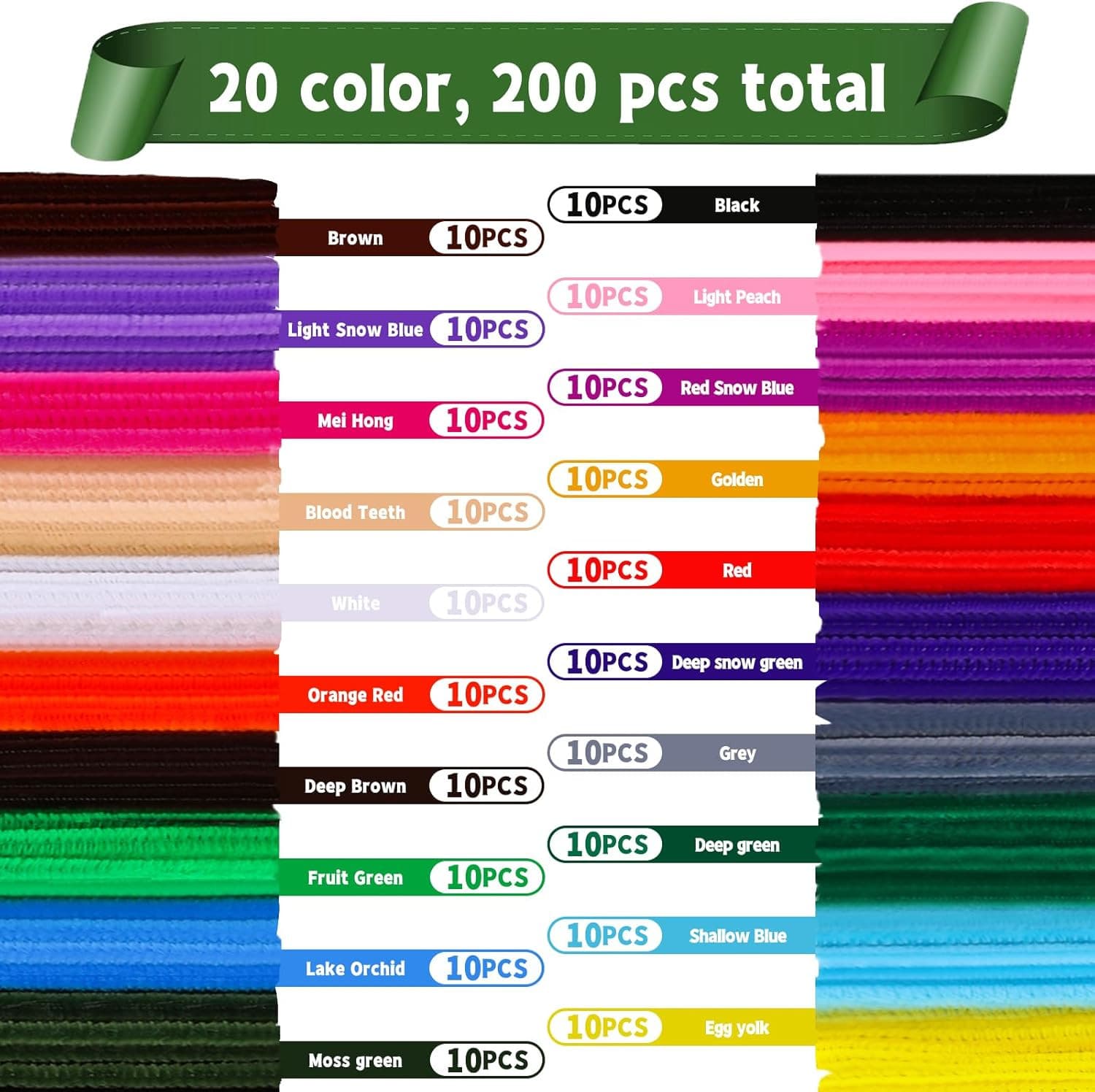 200Pcs Pipe Cleaners, 20 Colors Thick Pipe Cleaners Craft, Multi-Color Chenille 3