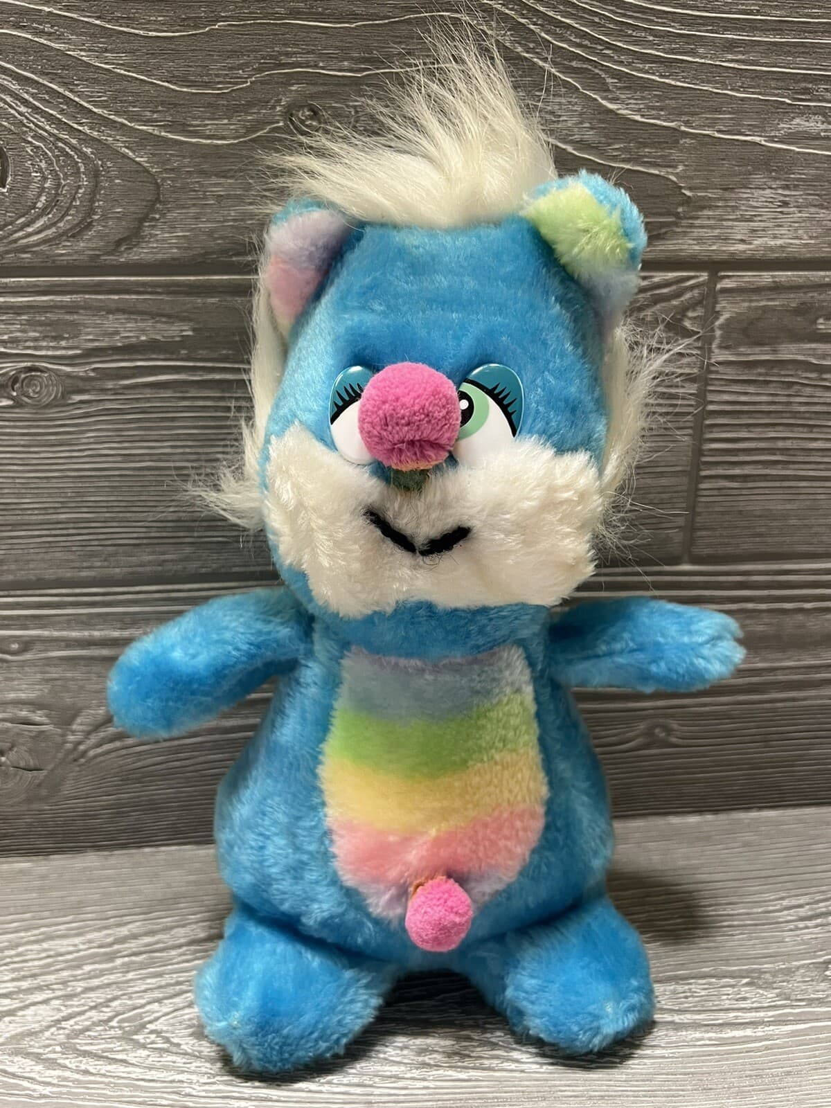 Vintage Blue Bear Critter Plush with Pom Pom Nose & Belly Button Carnival Style