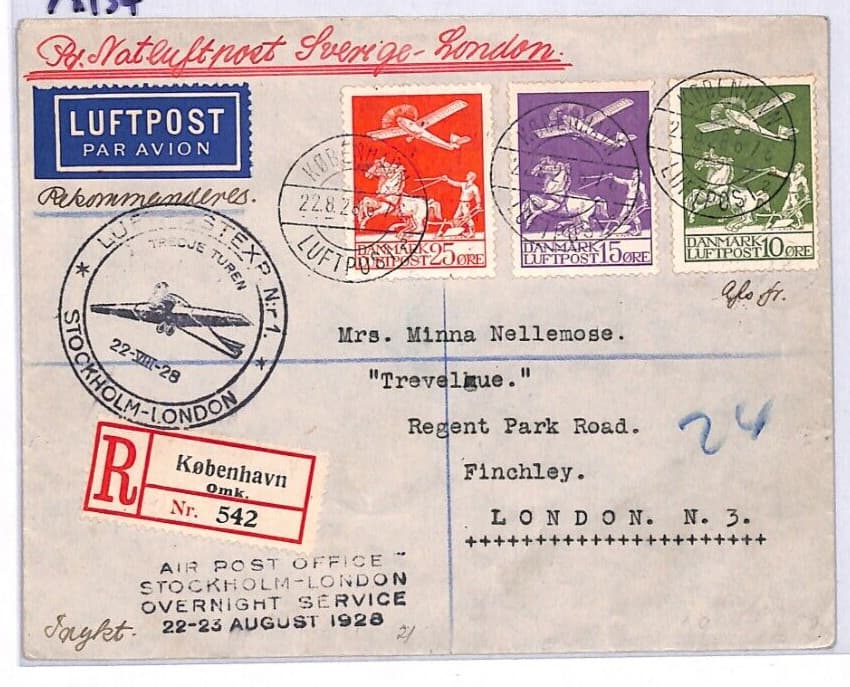 DENMARK Air Mail Cover 1928 FIRST FLIGHT SWEDEN-GB London Copenhagen Reg. YX134 2