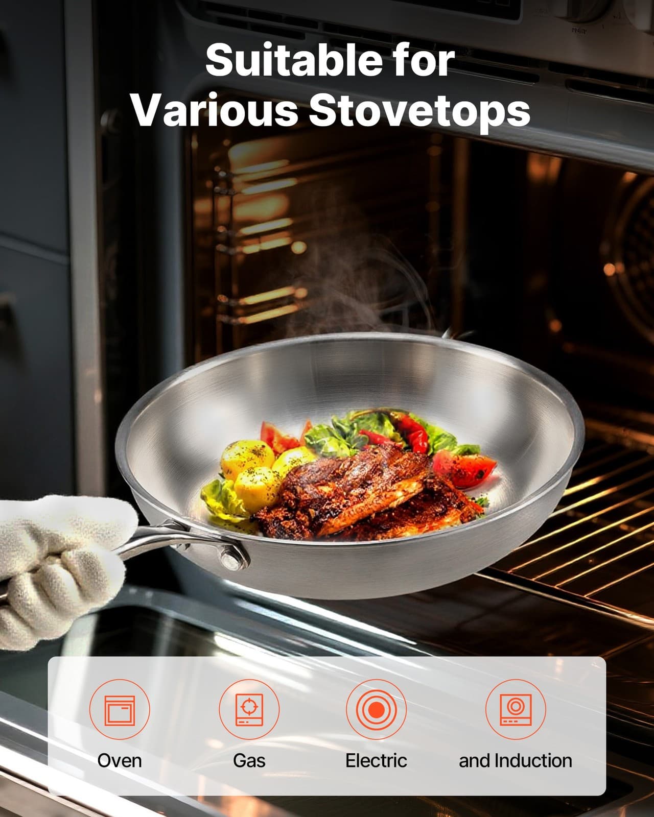 VEVOR Triply Stainless Steel Frying Pan 3 Pcs Skillet 8 10 12" Dishwasher Silver 6