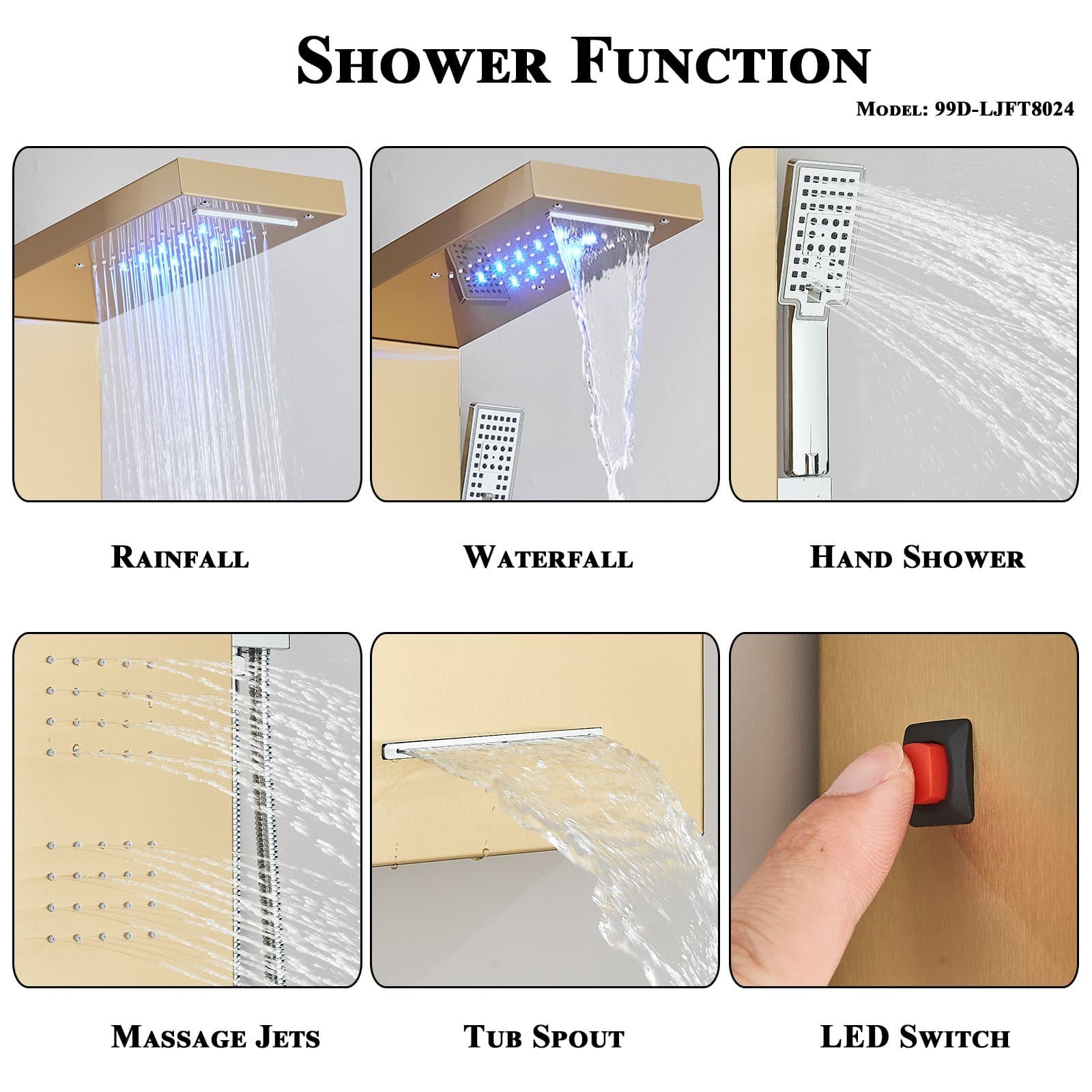Stainless Steel Gold Shower Panel Tower System LED Rain Waterfall Massage Jets 2