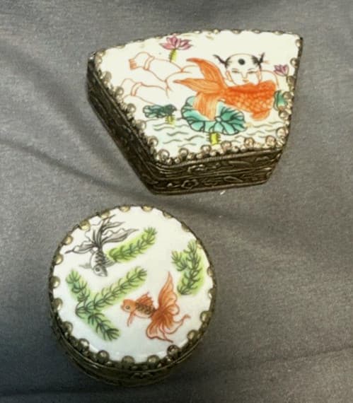 Vintage Cloisonne Enamel Silver Porcelain Chinese Mirror Trinket Boxes lot of 2