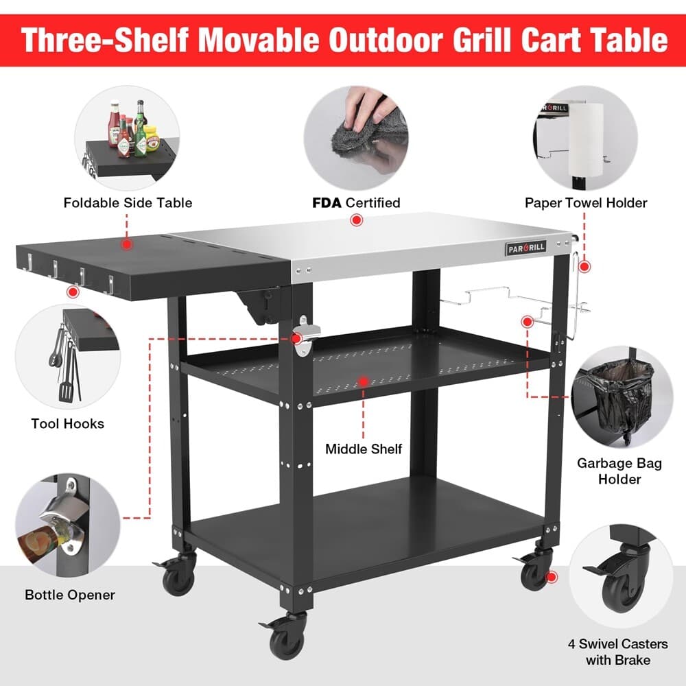 PARGRILL Three-Shelf Outdoor Grill Table 46.6"x 20" 4 Swivel Casters with Brakes 5