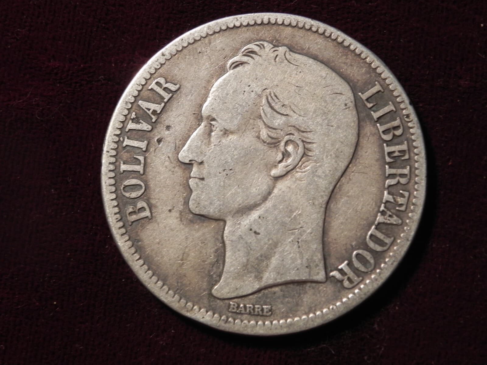 1919 VENEZUELA 5 BOLIVARES (25 GRAM) .900 Silver Crown Coin id117