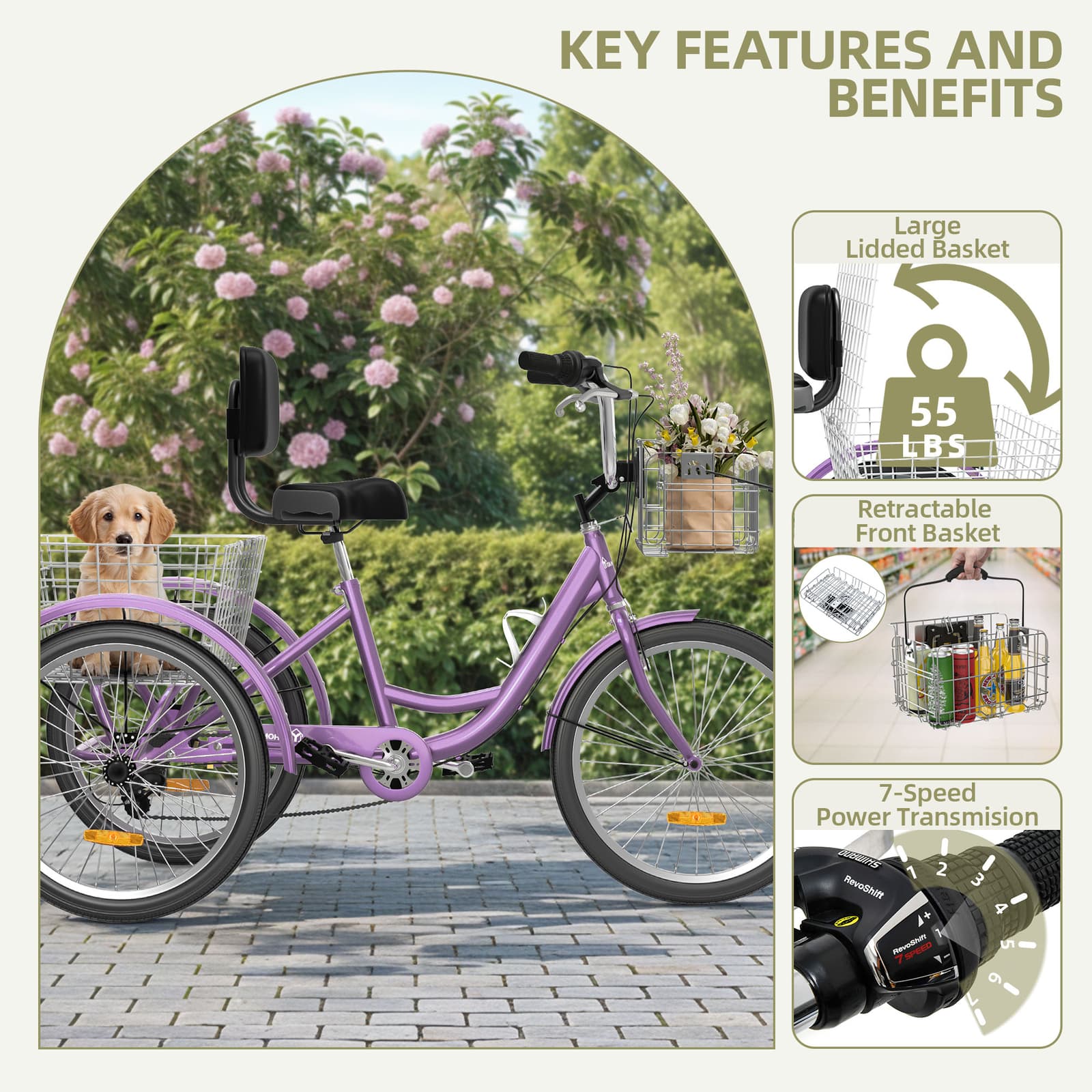 24" 3 Wheels Bike Trike Tricycle 7 Speed for Adult w/ Front & Rear Basket Purple 6