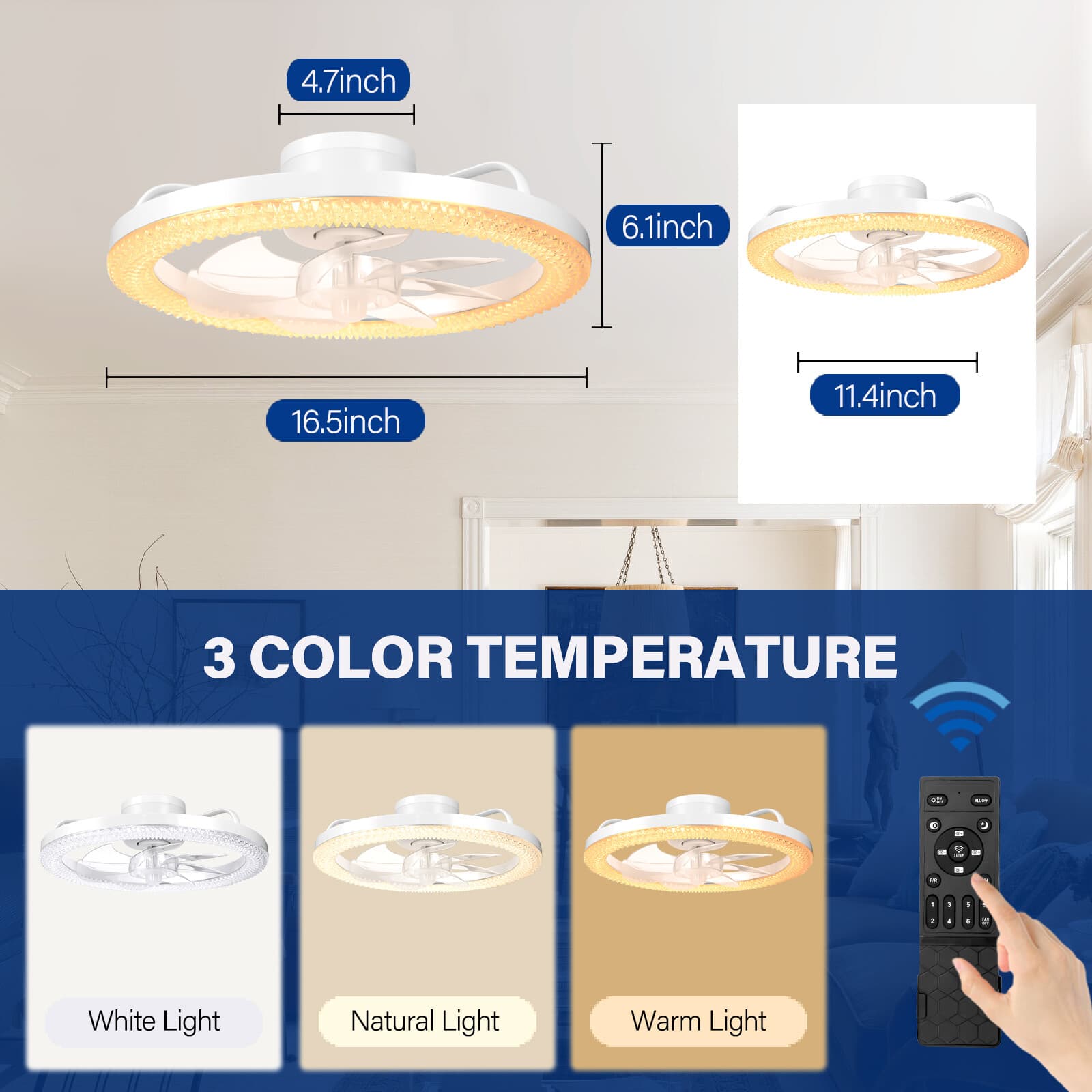 16.5" Modern Flush Mount LED Ceiling Fan With Lights Remote & APP Control kit 3