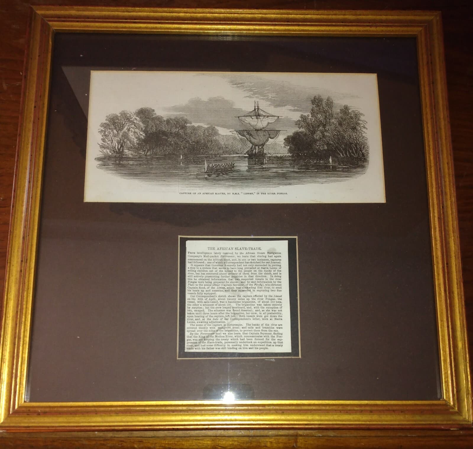 1853 Engraving ~ Capture of American Slaver By  HMS "LINNET" w/ Newspaper FRAMED 2