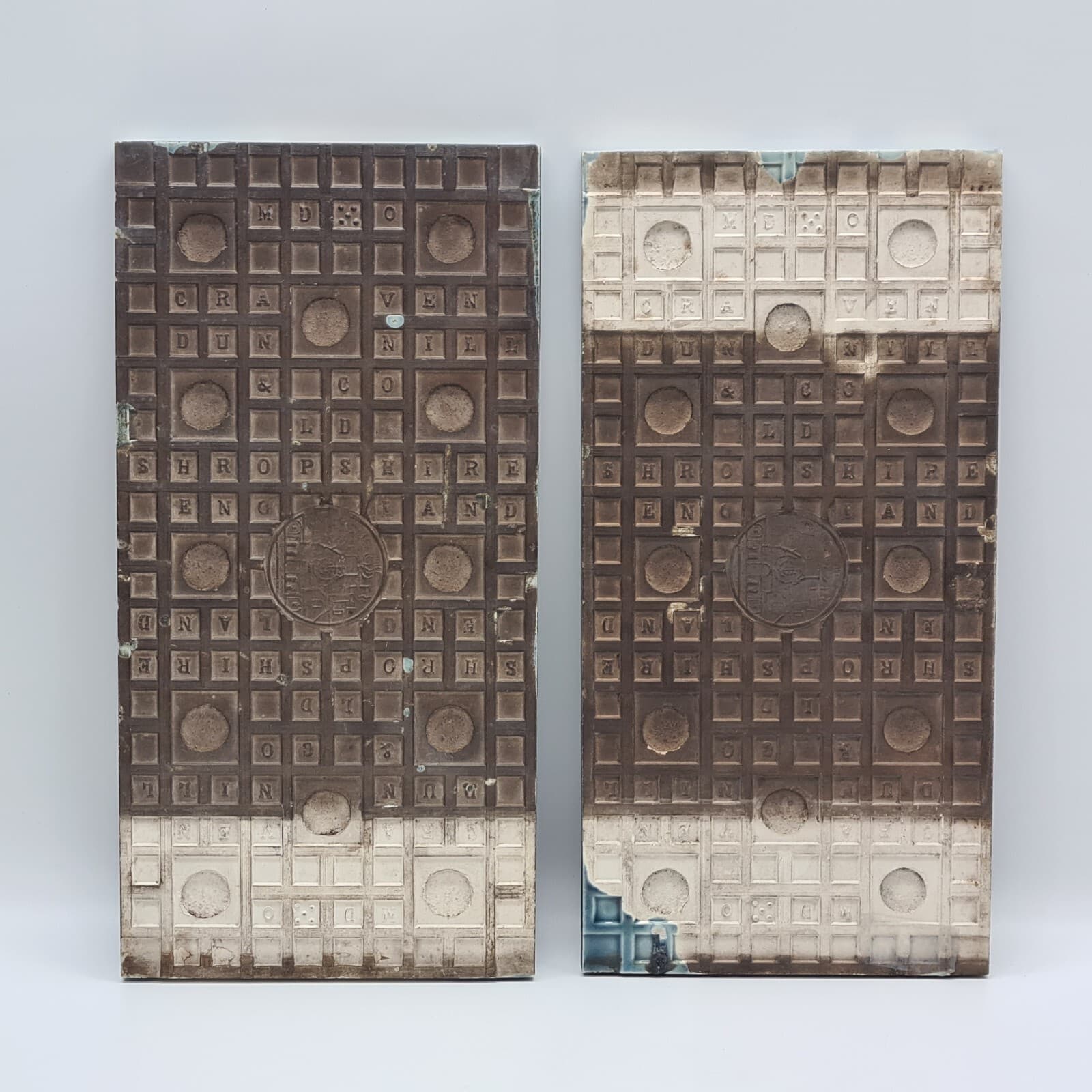 Antique Pair Of Fireplace Tiles Blue Majolica Craven Dunnill & Co 12" x 6" C1880 5