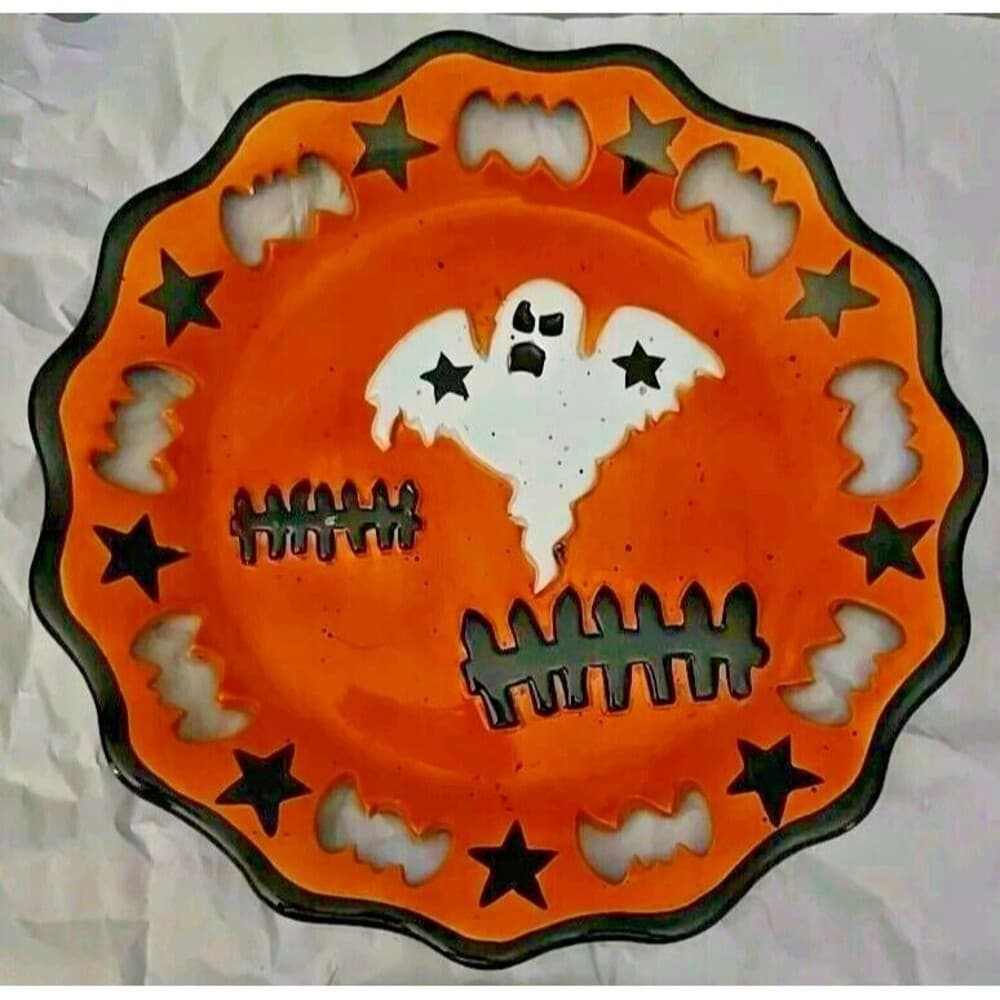 Garden Ridge Halloween 4 Plates Ghost Witch Haunted House Cat Moon Star Bat Rare 3