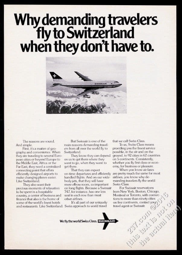 1978 Swissair airlines Boeing 747 plane flying over mountains vintage print ad