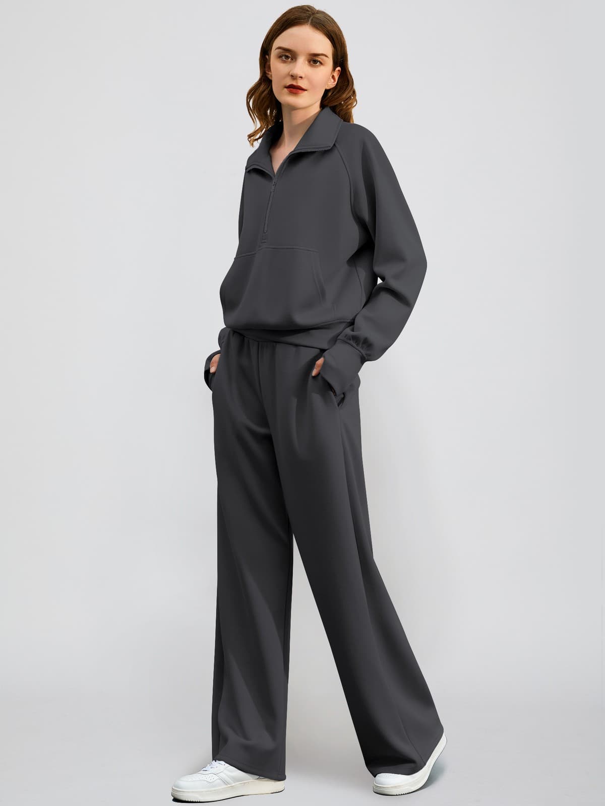 Women's 2 Piece Outfits Lounge Set 2025 Oversized Half Zip Sweatshirt Sweatpant 4