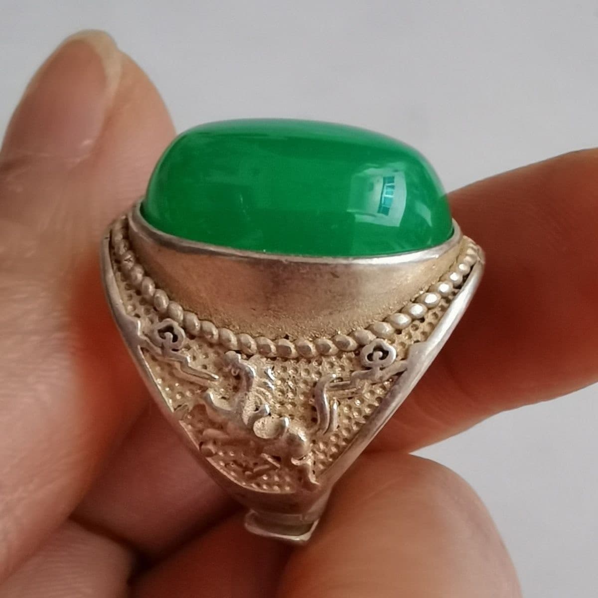 Rare Old Chinese Cloisonne Silver Inlay gemstone ring Jewelry Figure Ring xx