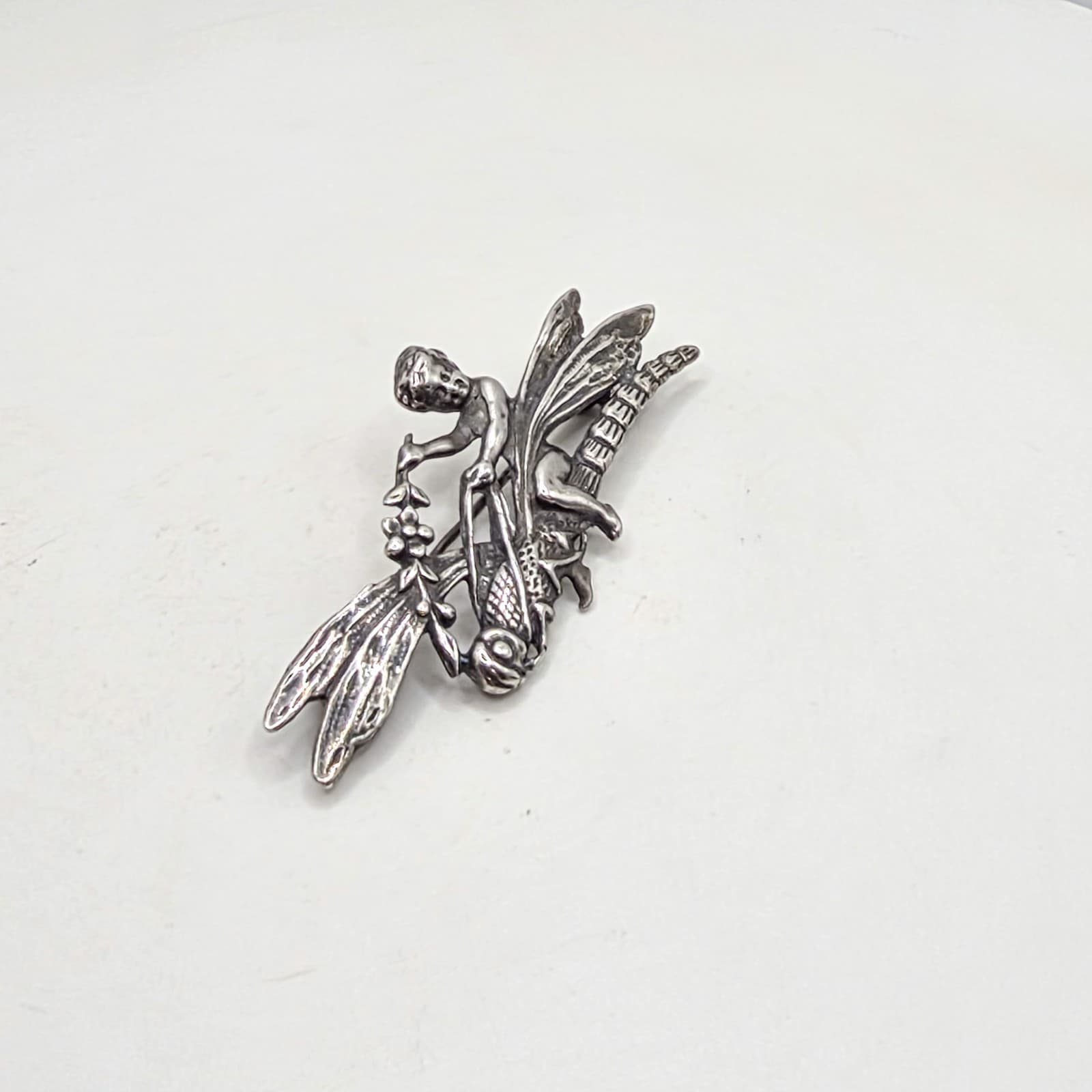 Sterling Silver 925 Art Nouveau Style Fairy Cherub Dragonfly 1.75" Brooch Pin 3