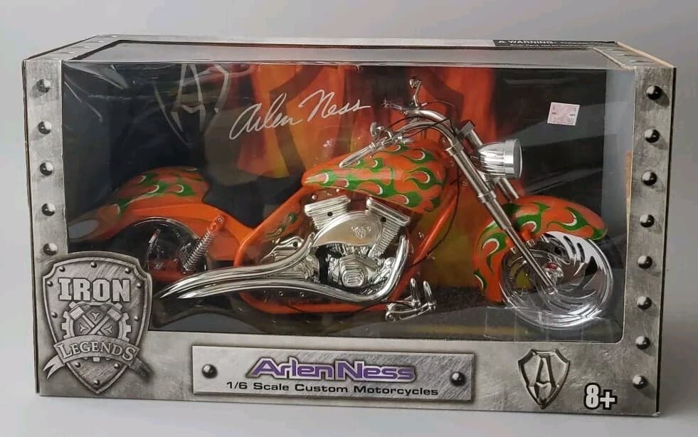 ARLEN NESS TOY ZONE IRON LEGEND DIE-CAST 1/6 MOTORCYCLE BOBBER ORANGE W/ FLAMES
