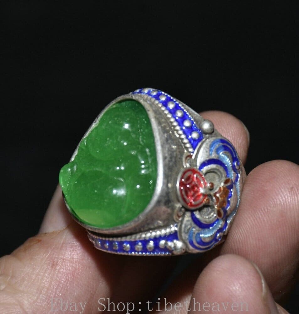 1.4" Old Chinese Silver inlay Green Gems Cloisonné Maitreya Buddha Finger Ring 2
