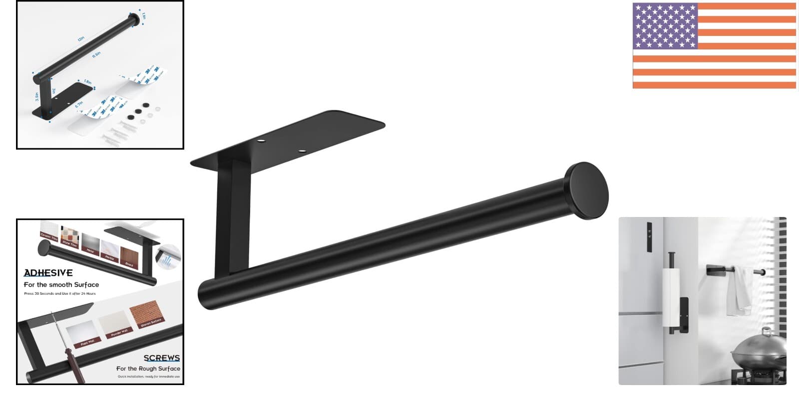 Self-Adhesive Paper Towel Holder Under Cabinet - Matte Black Stainless Steel 2" 2