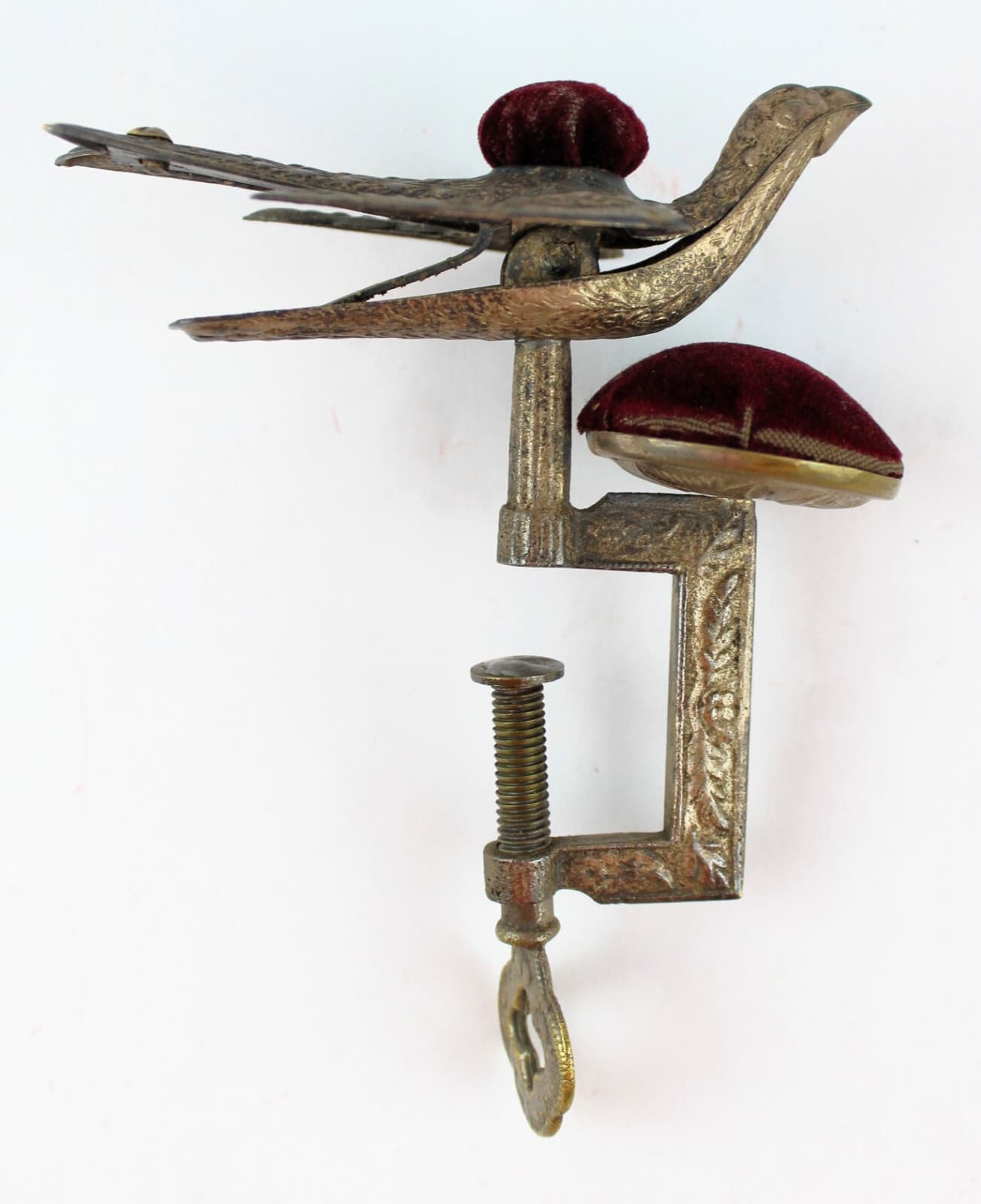 ANTIQUE EMBOSSED VICTORIAN BIRD DOUBLE PIN CUSHION WITH CLAMPS PAT. 1853 SEWING 3