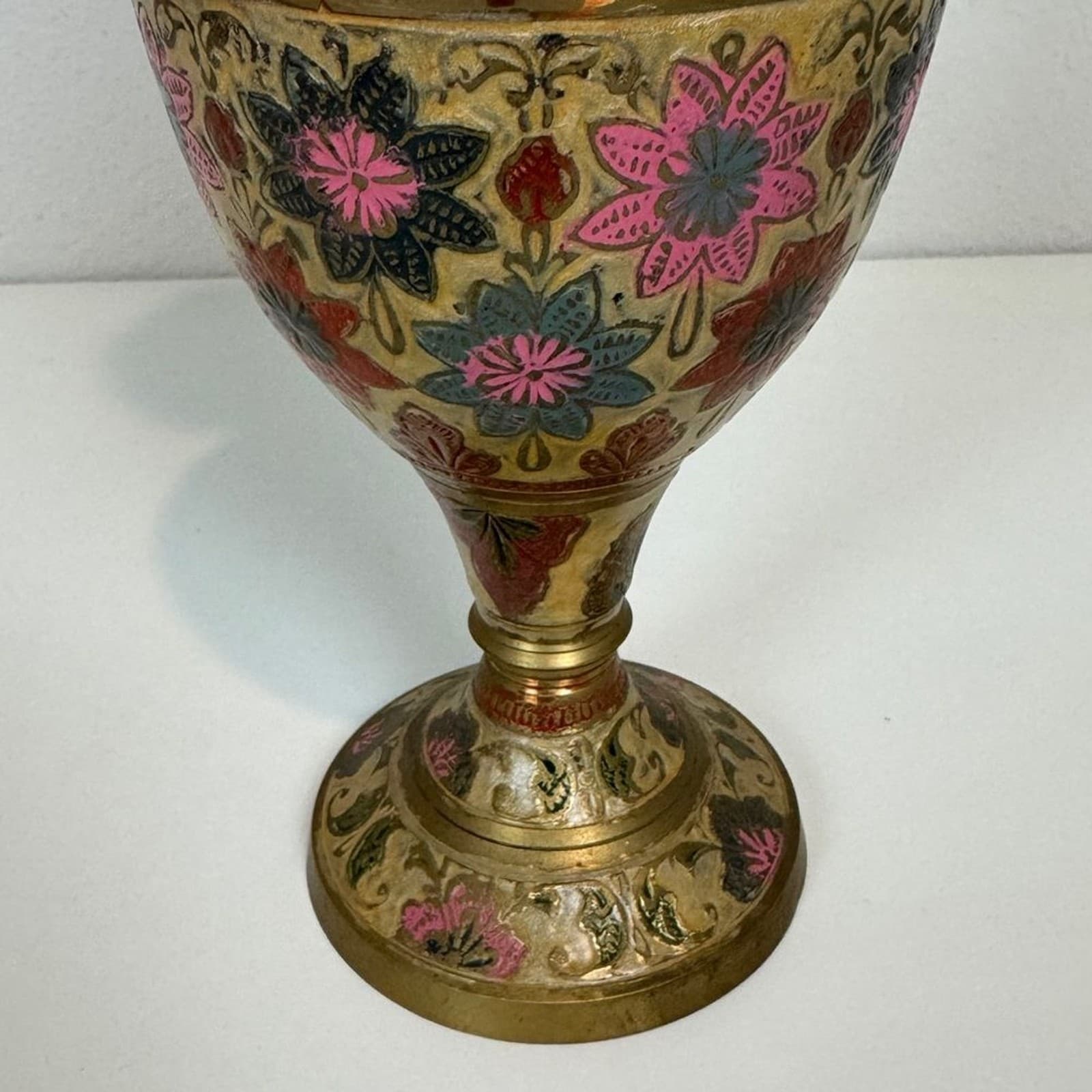 Vintage Enameled Fluted Brass Vase India 12 inch 3