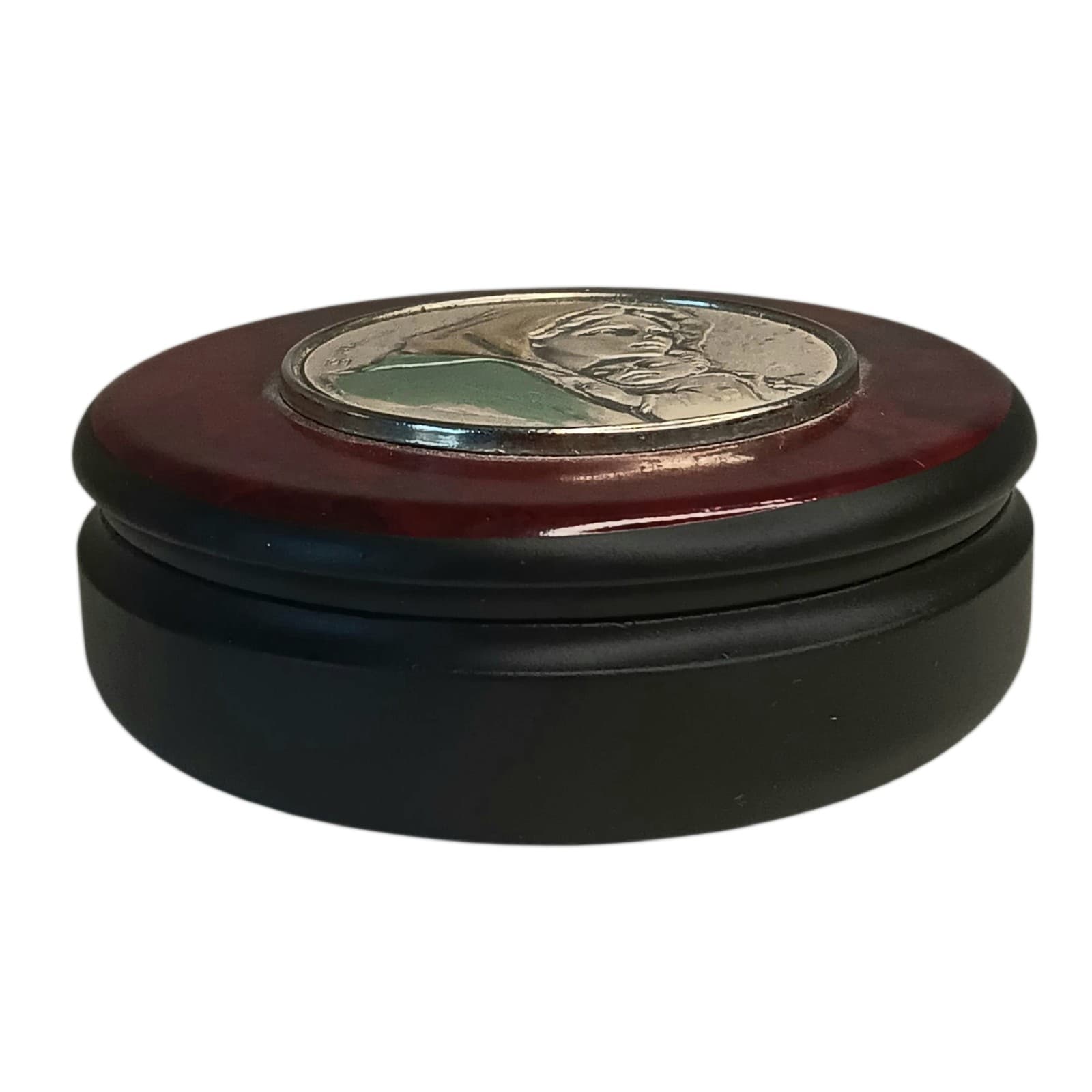 VTG Madonna & Child Rosary Box Sterling Silver & Wood Jewelry Trinket Box 3"x1" 3