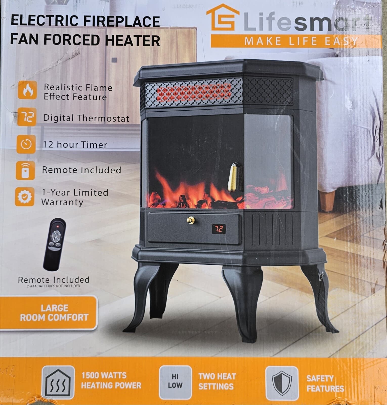 Lifesmart Electric Fireplace Fan Forced Heater With Realistic Flame 1500 Watts