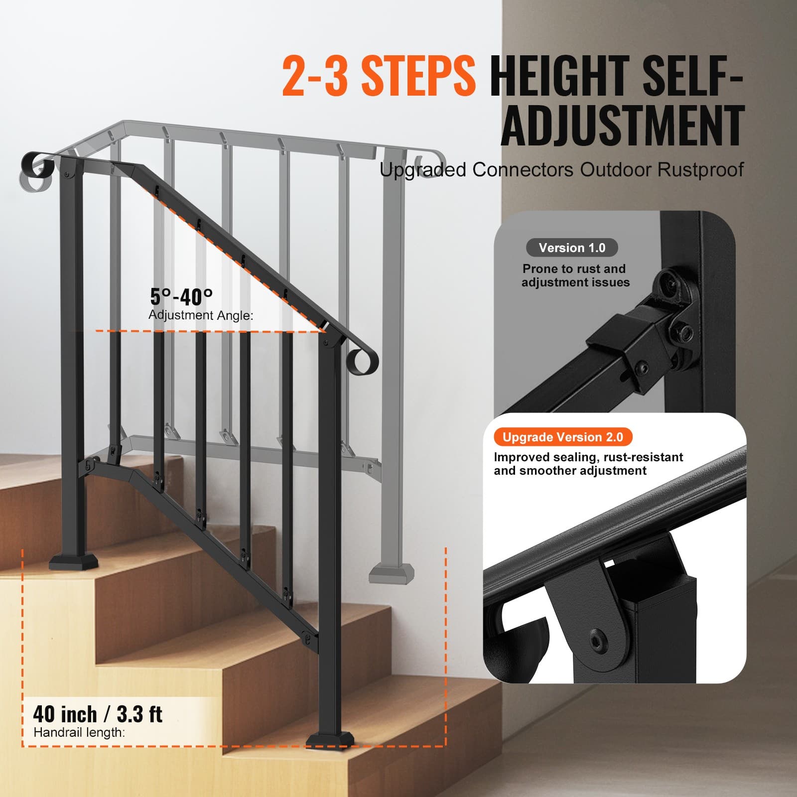 Uimoso 2-3 Step Handrails Outdoor Stair Railing for Porch Deck Black Retro Arch 3
