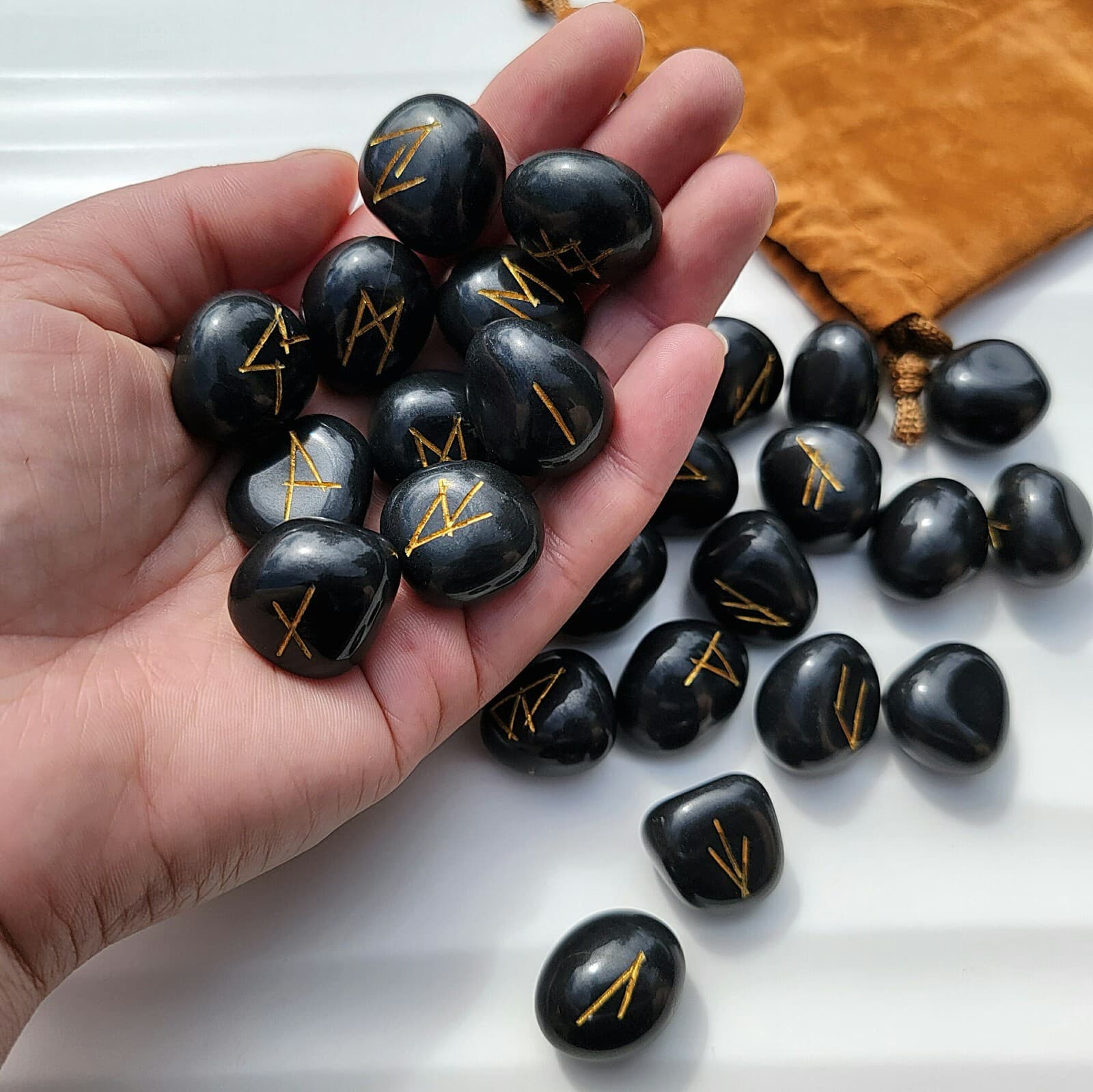 Black Agate Rune Set with Bag, Natural Gemstone, Stone Viking Runes