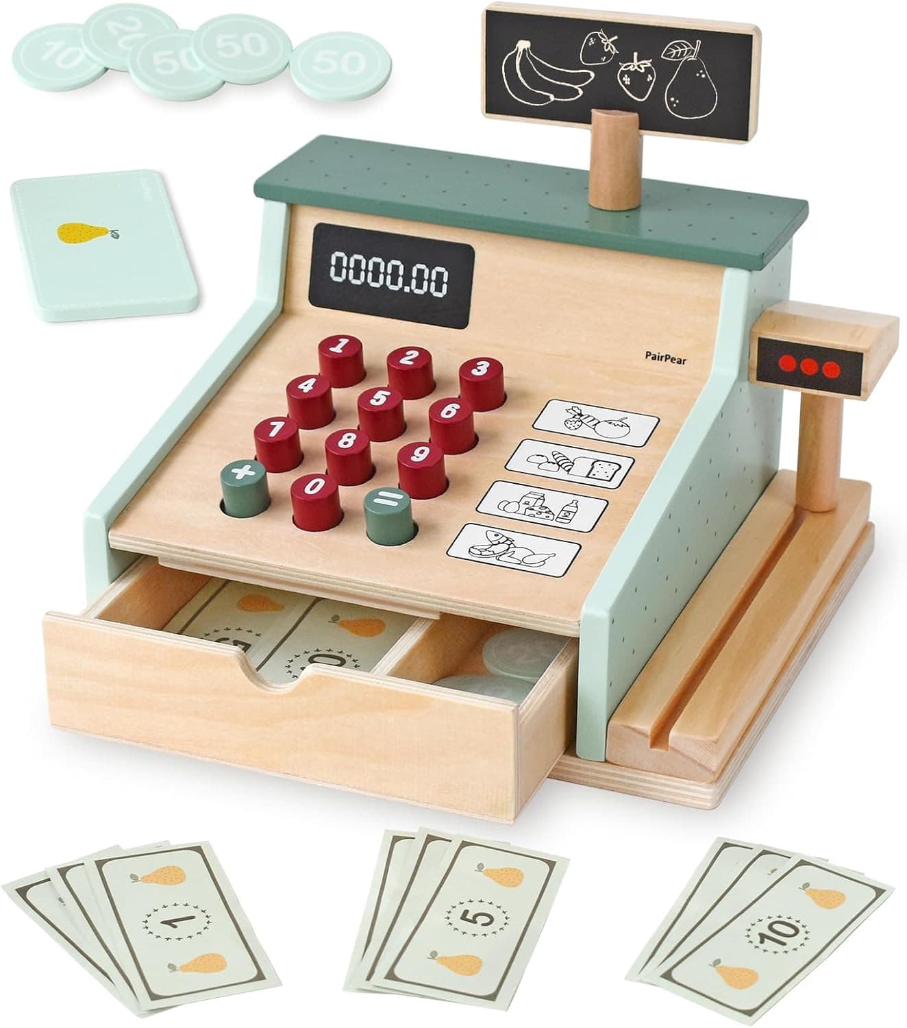 Caja registradora de madera infantil escaner tarjeta dinero juego preescolar