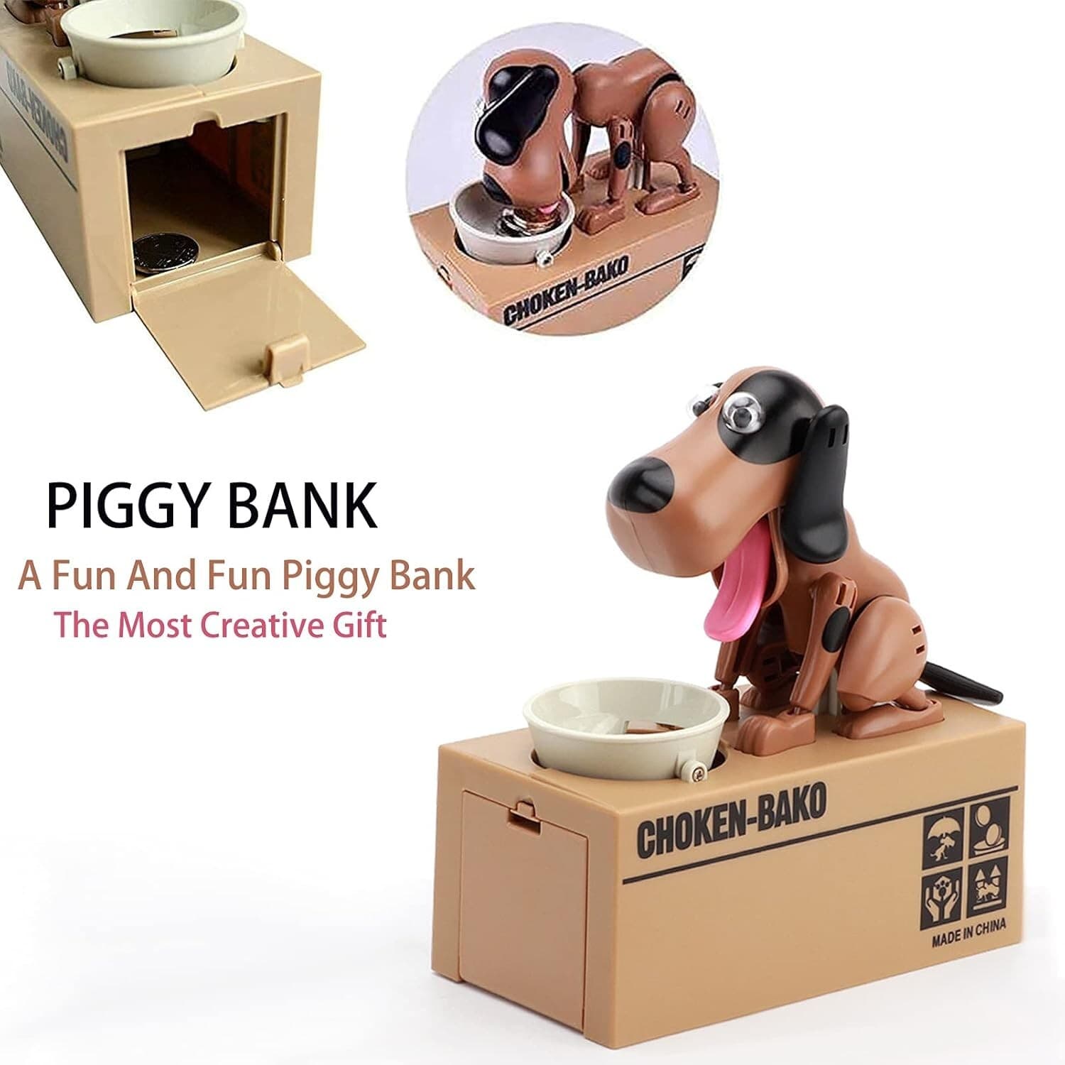 Hungry Puppy Dog Automatic Mechanical Piggy Bank. Brown & Black New In Box