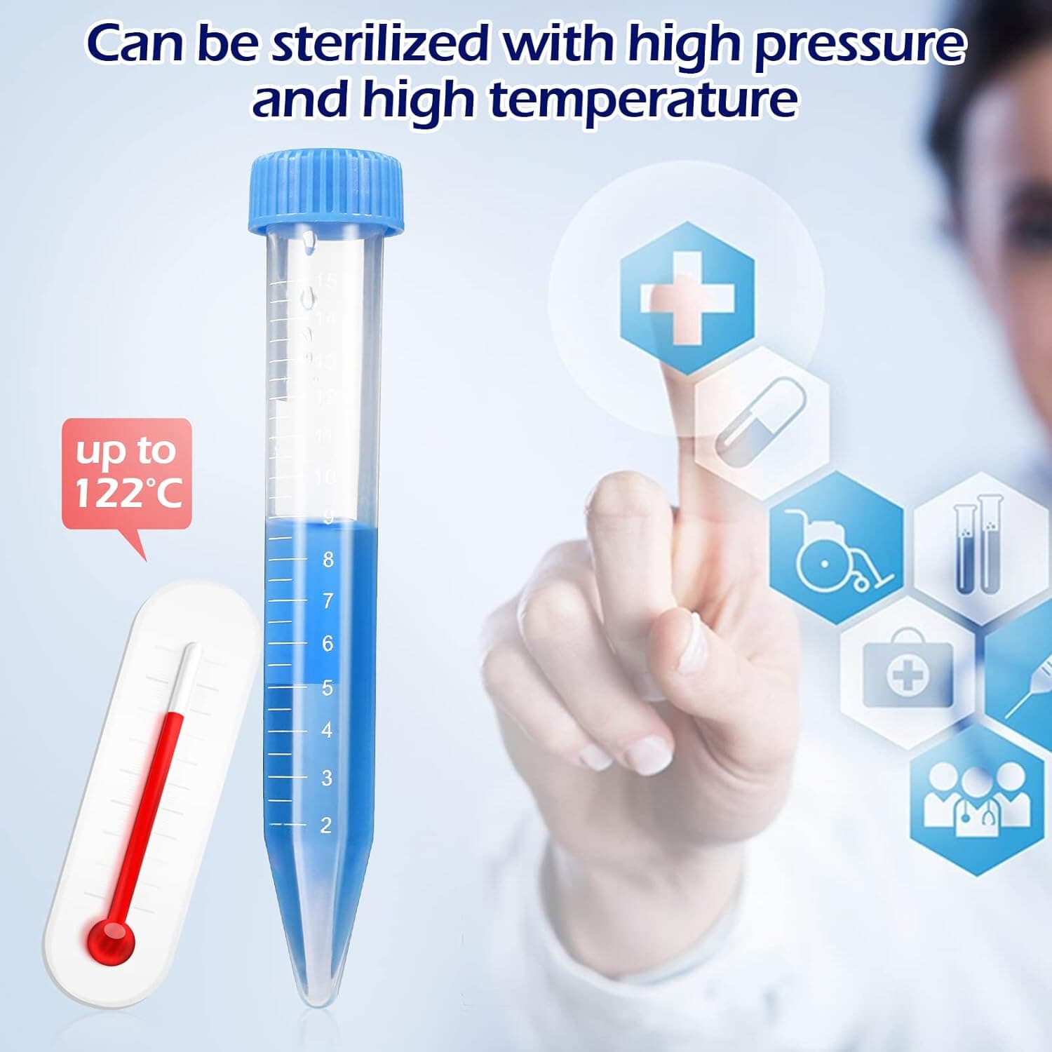 15mL Centrifuge Tube with Blue Flat Top Screw Cap,Conical,Sterile,PP Test Tubes 2