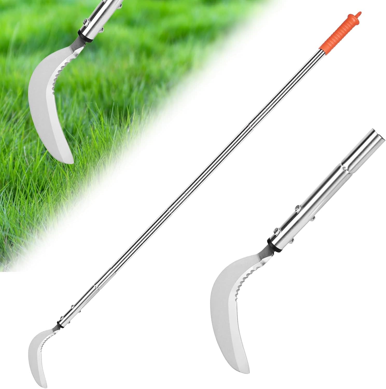 Weeding Sickle,Stainless Steel Long Handle Double Serrated Blade Grass Sickle,St