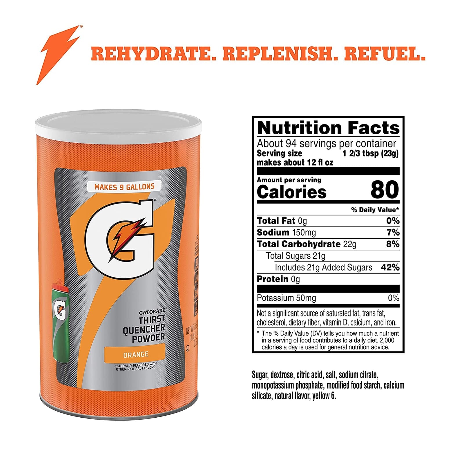	Gatorade Thirst Quencher Powder Orange Water Rehydrate 76.5oz Canister	 2