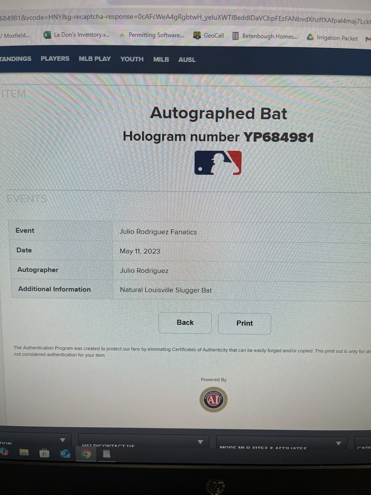 Autographed Baseball Bat Julio Rodriguez #44 Authentication Fanatics Event 2