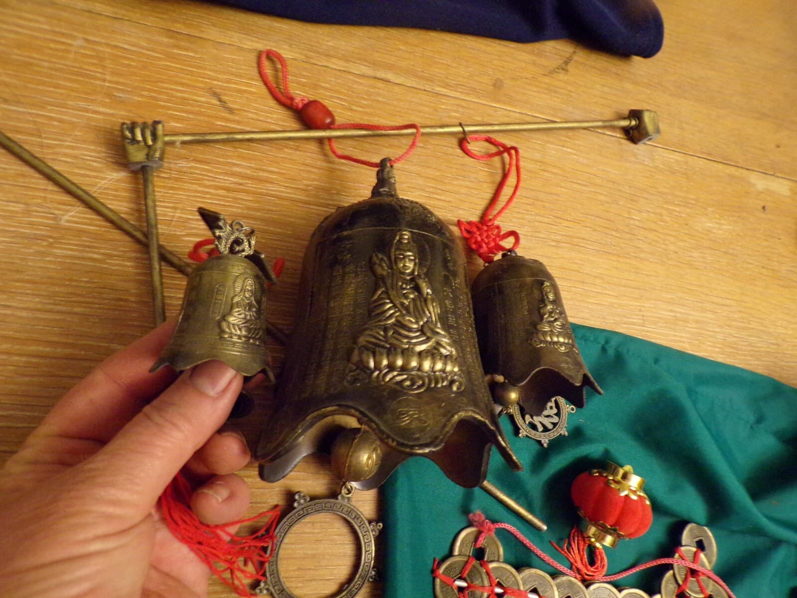 3-Asian Early Antique Brass Hand Forged Chinese Inscription Buddha Temple Bells 2