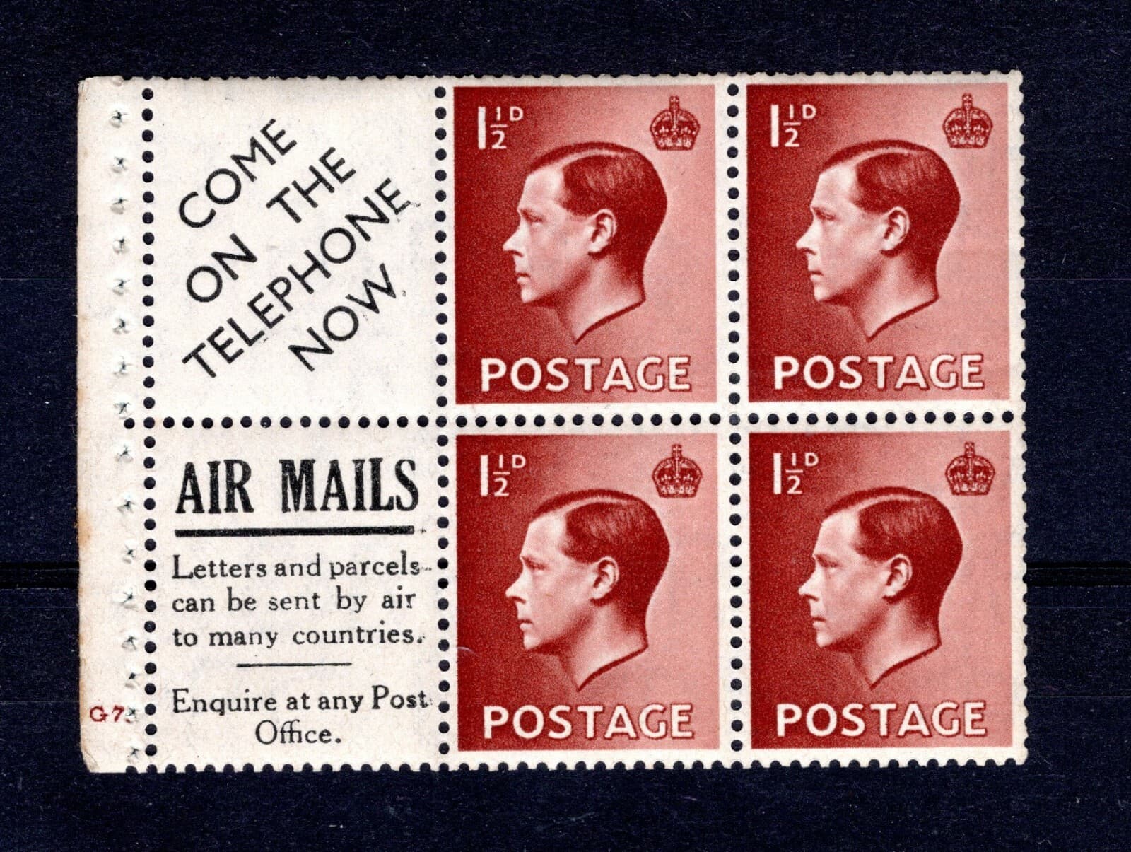 rare 1936 1 1/2d SG459 Full Booklet pane WITH CYLINDER G8 Edward VIII UM