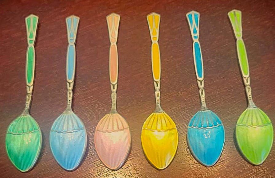 STUNNING Vtg Guilloche Enameled Sterling Silver Art Deco 6 Spoon Set BIRMINGHAM 3