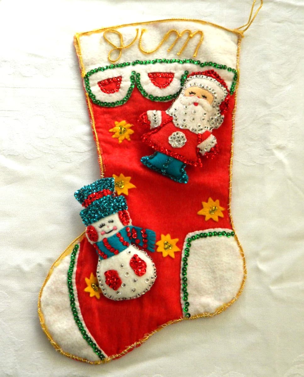 Bucilla Stocking Felt Appliqué Sequin Santa Snowman Finished Jeweled 3D Vintage