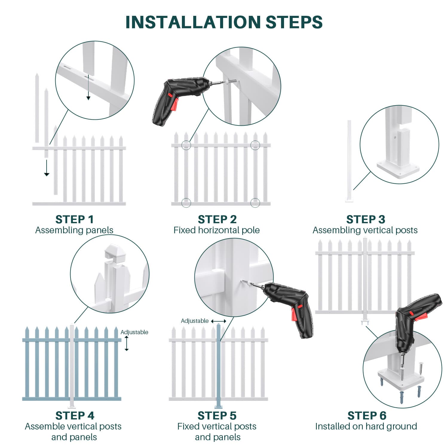Vinyl Picket Fence PVC Panel White 84''Wx30''H Yard Garden Straight 20 Pickets N 5